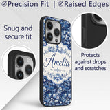 Elegant Blue Toile Garden Landscape Floral Printed Design Custom Name Protective Phone Case Mobile Cover Durable Smartphone Shock Resistant