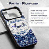 Elegant Blue Toile Garden Landscape Floral Printed Design Custom Name Protective Phone Case Mobile Cover Durable Smartphone Shock Resistant