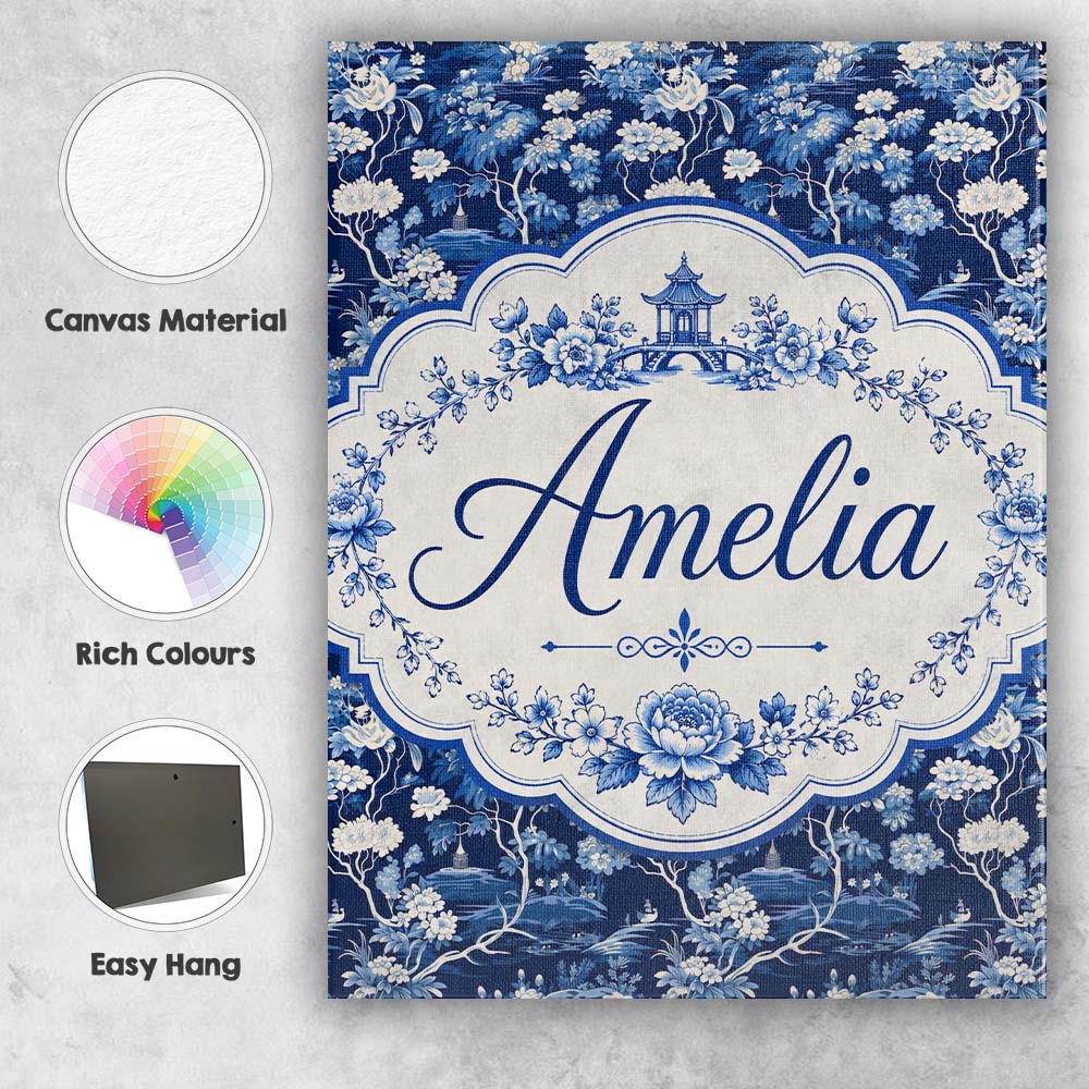 Personalised Name Elegant Blue Toile Garden Custom  Bespoke Interior Contemporary Canvas Wall Art Print Decor Picture Ready to Hang
