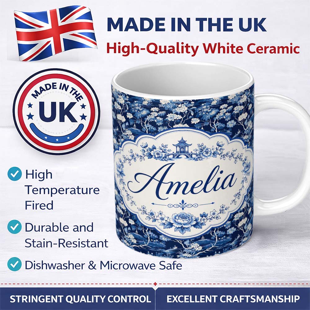 Personalized Custom Name Elegant Blue Toile Garden Landscape Floral Seamless Pattern Name 11oz Ceramic Coffee Tea Mug White Large Handle