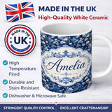Personalized Custom Name Elegant Blue Toile Garden Landscape Floral Seamless Pattern Name 11oz Ceramic Coffee Tea Mug White Large Handle
