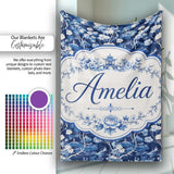 Elegant Blue Toile Garden Landscape Floral Seamless Pattern Name  Personalised Custom Name Super Soft Fleece Blanket Bed Sofa Throw