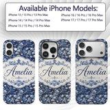 Elegant Blue Toile Garden Landscape Floral Printed Design Custom Name Protective Phone Case Mobile Cover Durable Smartphone Shock Resistant
