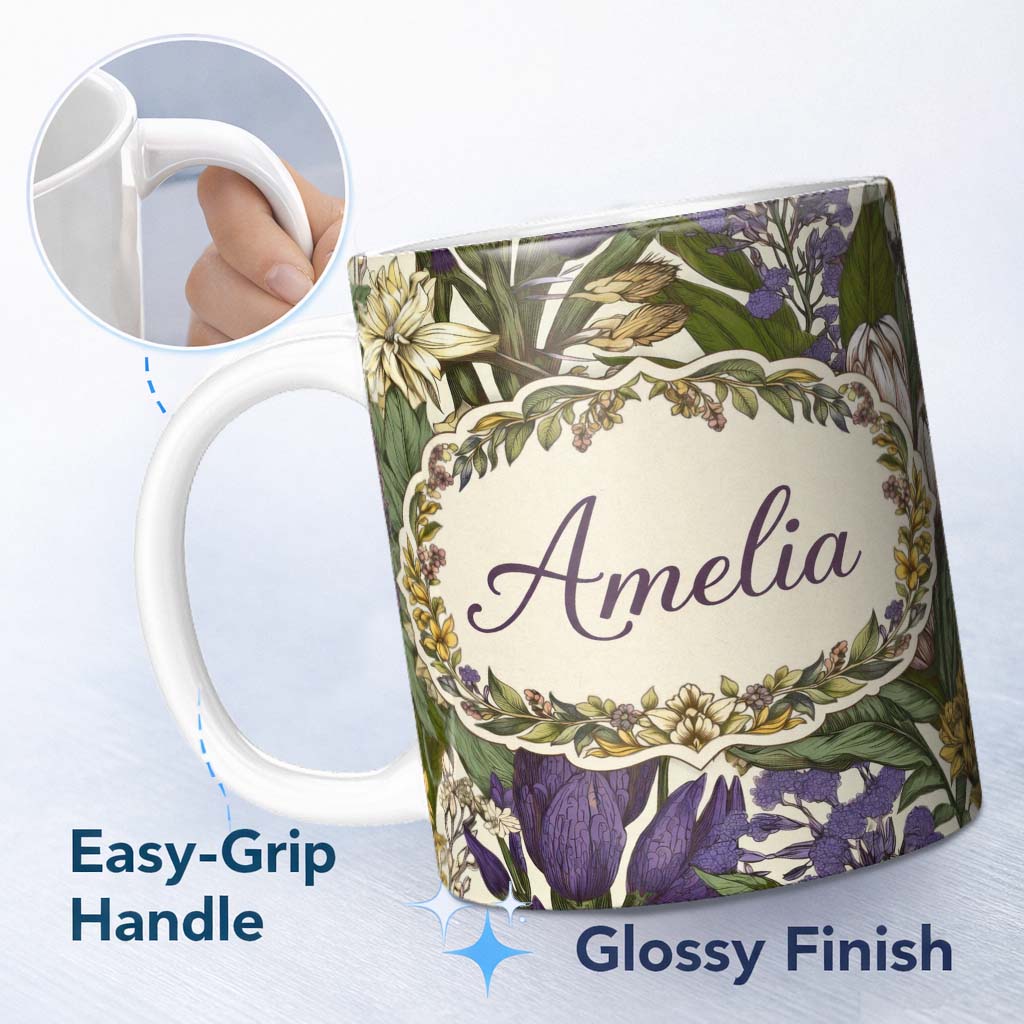 Personalized Custom Name Botanical Floral Garden Illustration Vintage Style Seamless Pattern 11oz Ceramic Coffee Tea Mug White Large Handle