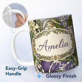 Personalized Custom Name Botanical Floral Garden Illustration Vintage Style Seamless Pattern 11oz Ceramic Coffee Tea Mug White Large Handle