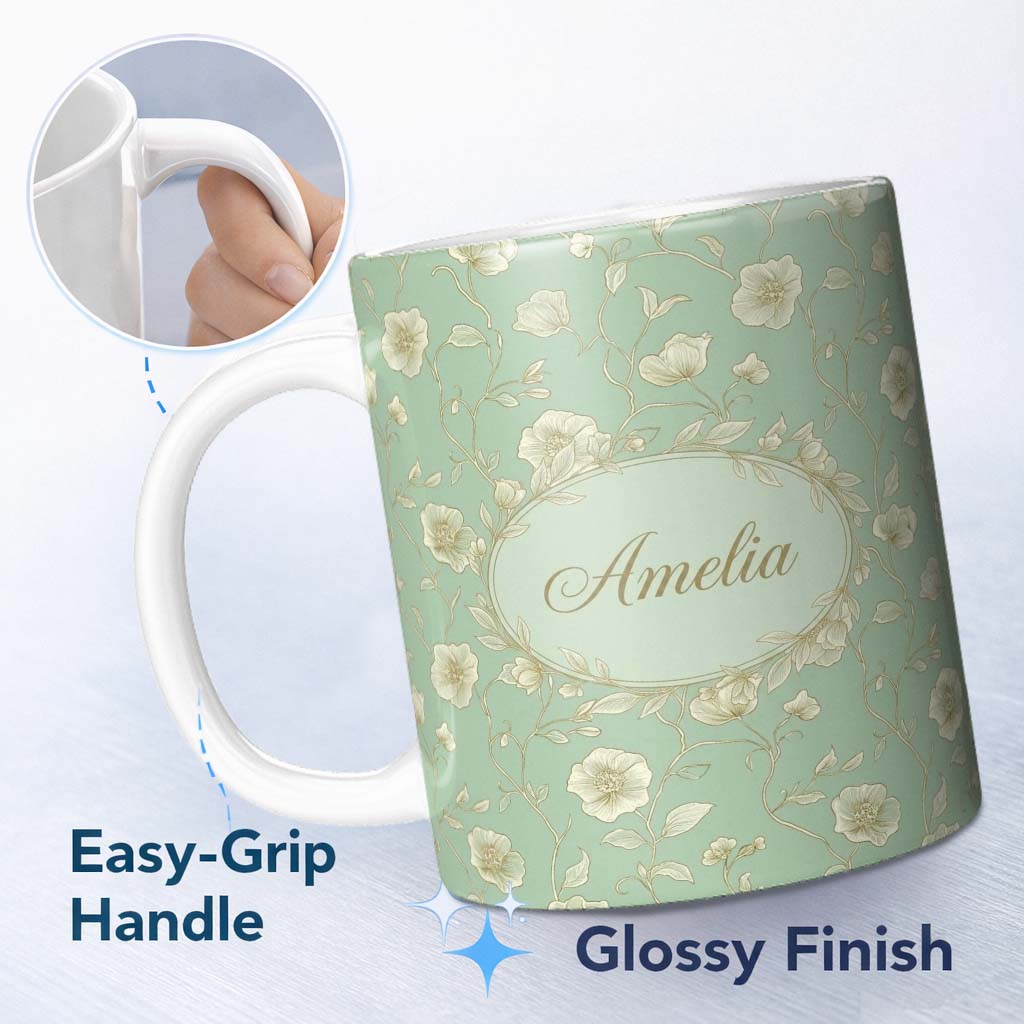 Personalized Custom Name Refined Teal Botanical Pattern with Flowing Gold Floral Line Art 11oz Ceramic Coffee Tea Mug White Large Handle