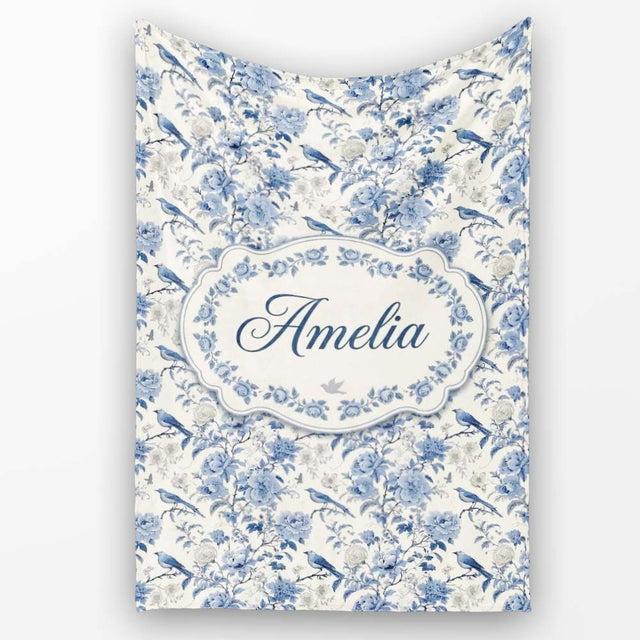 Vintage Blue Birds and Rose Blossom Floral Seamless Pattern Name  Personalised Custom Name Super Soft Fleece Blanket Bed Sofa Throw