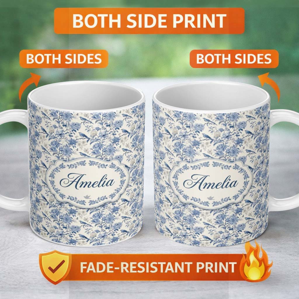 Personalized Custom Name Vintage Blue Birds and Rose Blossom Floral Seamless Pattern Name 11oz Ceramic Coffee Tea Mug White Large Handle