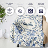 Vintage Blue Birds and Rose Blossom Floral Seamless Pattern Name  Personalised Custom Name Super Soft Fleece Blanket Bed Sofa Throw