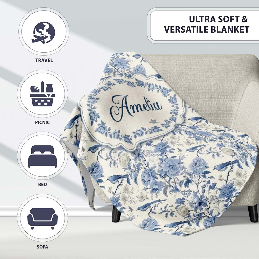 Vintage Blue Birds and Rose Blossom Floral Seamless Pattern Name  Personalised Custom Name Super Soft Fleece Blanket Bed Sofa Throw