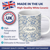 Personalized Custom Name Vintage Blue Birds and Rose Blossom Floral Seamless Pattern Name 11oz Ceramic Coffee Tea Mug White Large Handle