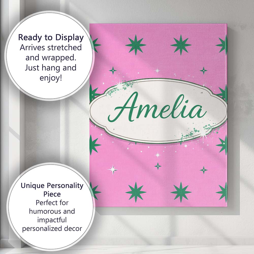 Personalised Name Green Star Shapes on Pink Background Seamless Custom  Statement Canvas Wall Art Print Decor Picture Ready to Hang