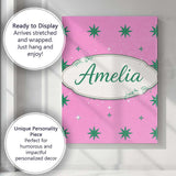 Personalised Name Green Star Shapes on Pink Background Seamless Custom  Statement Canvas Wall Art Print Decor Picture Ready to Hang