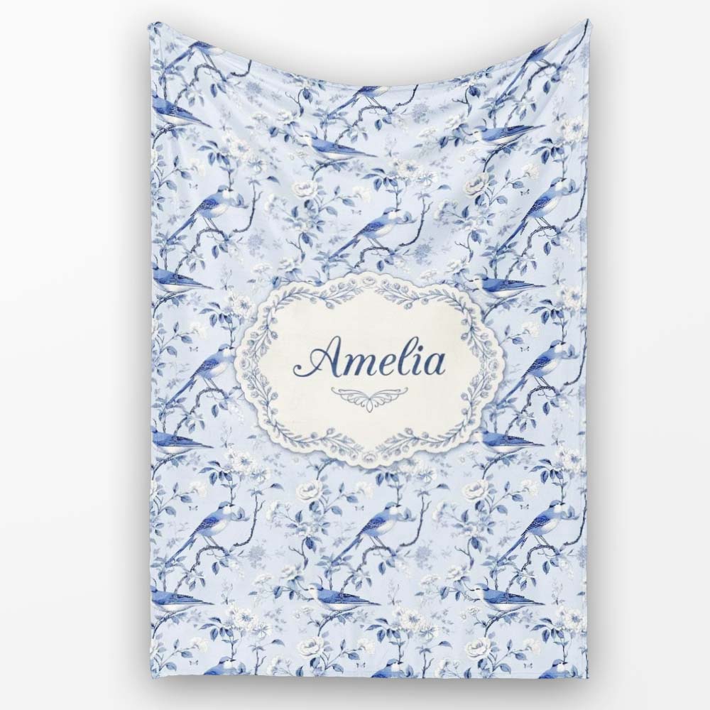 Soft Blue Songbird Twig Floral Chinoiserie Seamless Pattern Name  Personalised Custom Name Super Soft Fleece Blanket Bed Sofa Throw