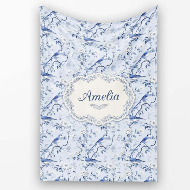 Soft Blue Songbird Twig Floral Chinoiserie Seamless Pattern Name  Personalised Custom Name Super Soft Fleece Blanket Bed Sofa Throw
