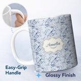 Personalized Custom Name Soft Blue Songbird Twig Floral Chinoiserie Seamless Pattern Name 11oz Ceramic Coffee Tea Mug White Large Handle