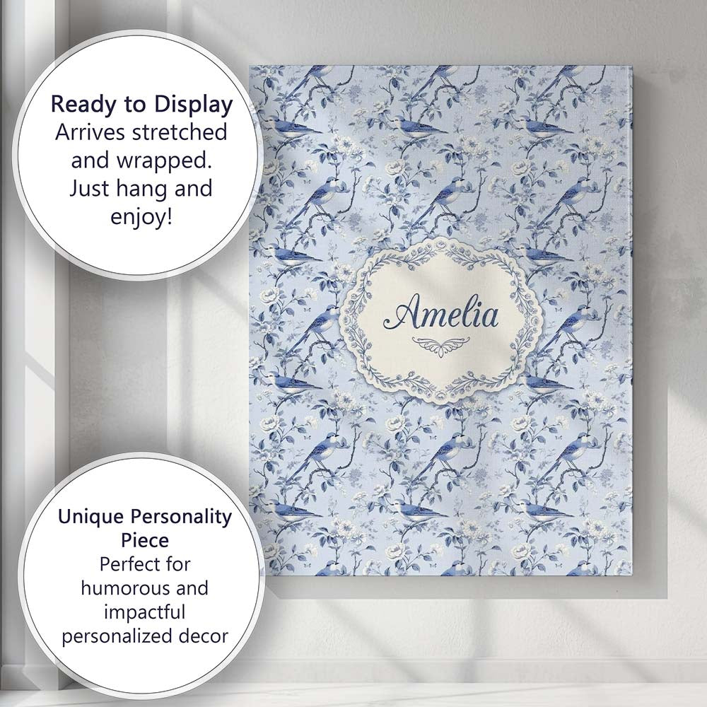 Personalised Name Soft Blue Songbird Twig Custom  Unique Gift Idea Elegant Feature Canvas Wall Art Print Decor Picture Ready to Hang