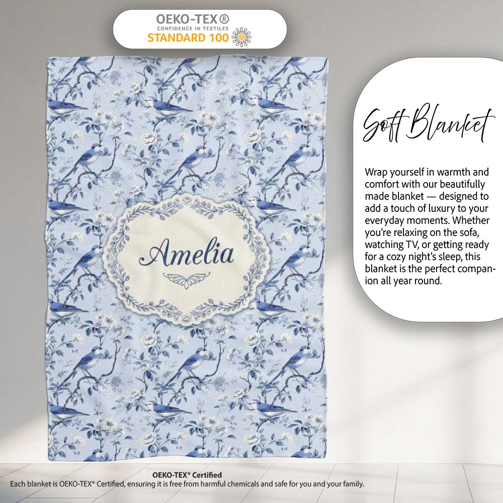 Soft Blue Songbird Twig Floral Chinoiserie Seamless Pattern Name  Personalised Custom Name Super Soft Fleece Blanket Bed Sofa Throw