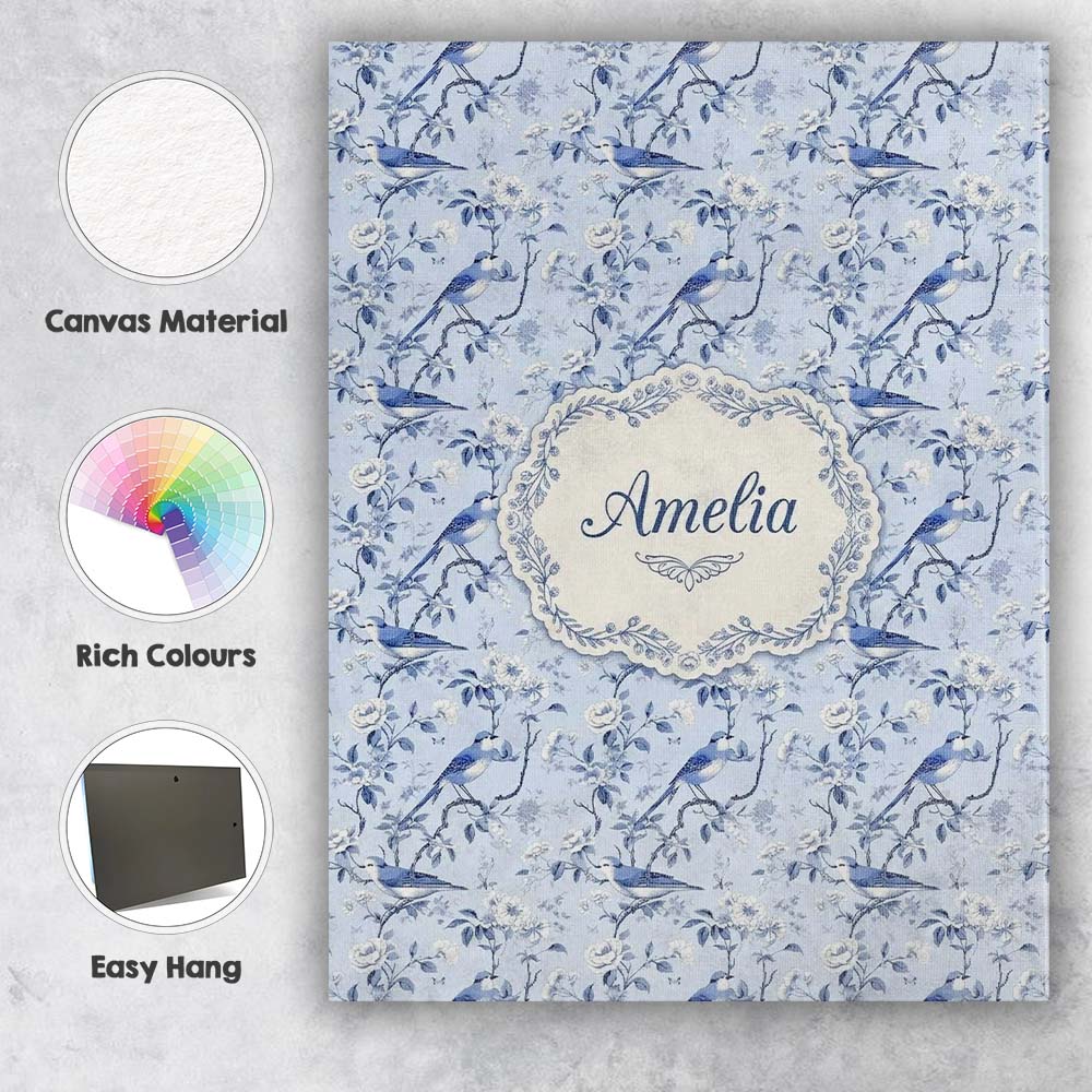 Personalised Name Soft Blue Songbird Twig Custom  Unique Gift Idea Elegant Feature Canvas Wall Art Print Decor Picture Ready to Hang