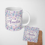 Personalized Custom Name Pastel Tropical Hibiscus Lilys Leaf Floral Seamless Pattern Name 11oz Ceramic Coffee Tea Mug White Large Handle