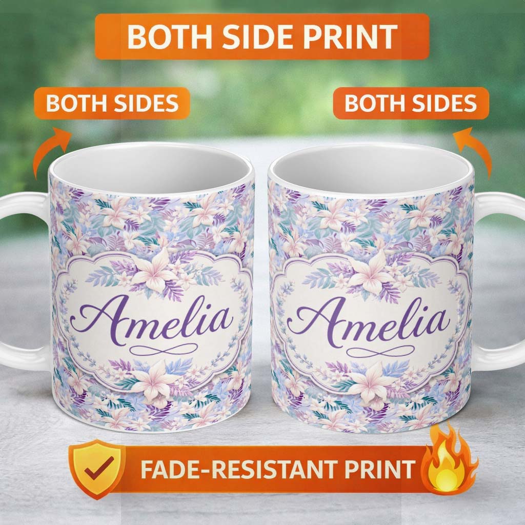 Personalized Custom Name Pastel Tropical Hibiscus Lilys Leaf Floral Seamless Pattern Name 11oz Ceramic Coffee Tea Mug White Large Handle