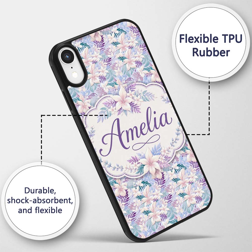 Pastel Tropical Hibiscus Lilys Printed Design Custom Name Protective Phone Case Mobile Cover Durable Everyday Smartphone Shock Resistant