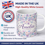 Personalized Custom Name Pastel Tropical Hibiscus Lilys Leaf Floral Seamless Pattern Name 11oz Ceramic Coffee Tea Mug White Large Handle