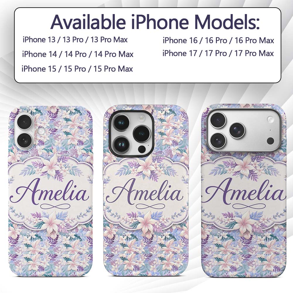 Pastel Tropical Hibiscus Lilys Printed Design Custom Name Protective Phone Case Mobile Cover Durable Everyday Smartphone Shock Resistant