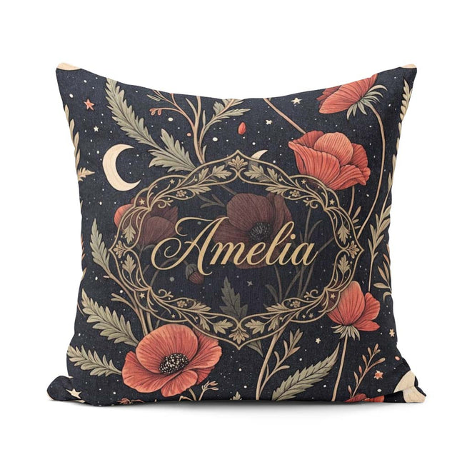 Custom Name Red Poppy Flowers Moon Stars Night Seamless Pattern Square Filled Cushion Throw Pillow Sofa Bed Home Decor Zip Washable UK Made