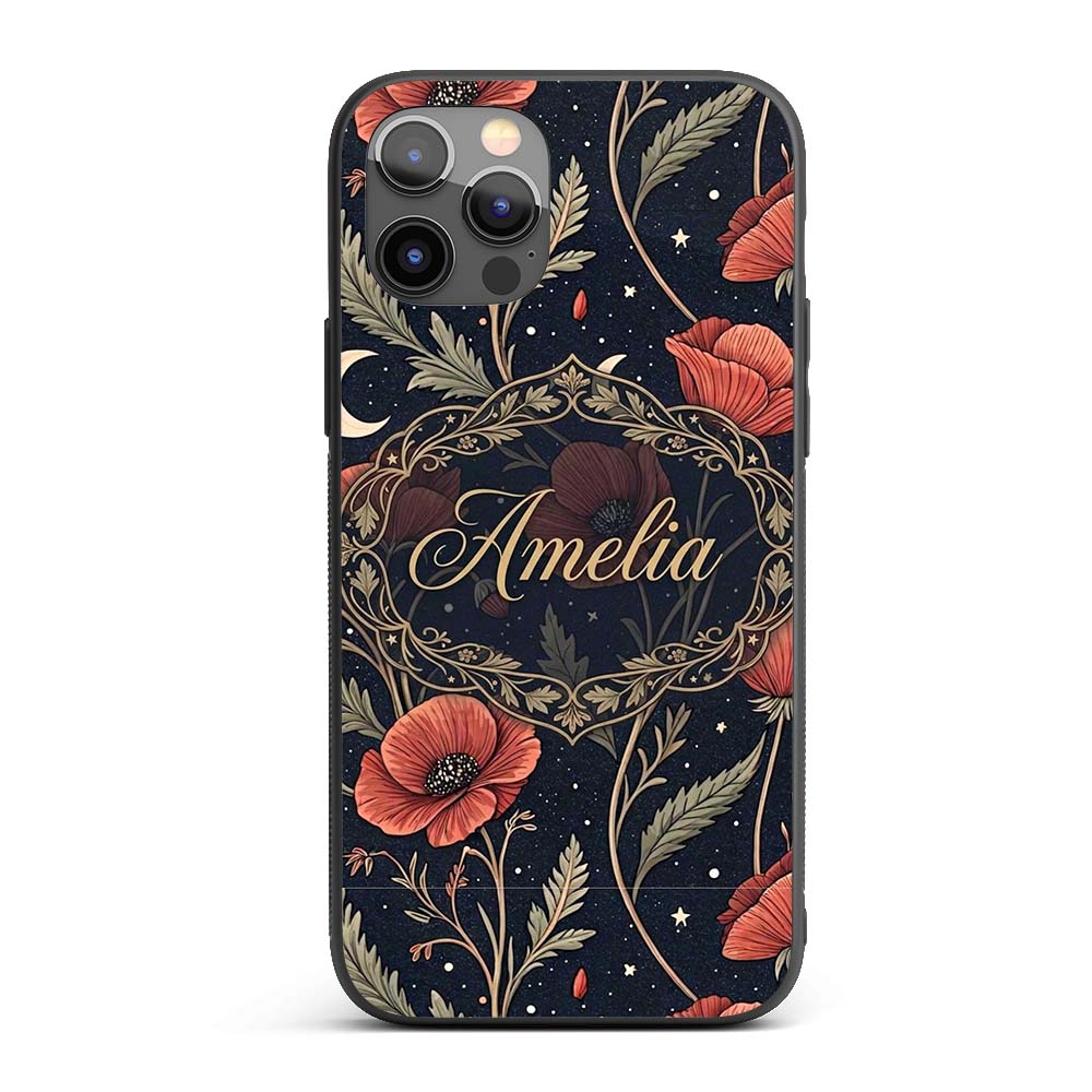 Red Poppy Flowers Moon Stars Night Sky Seamless Custom Name Protective Phone Case Mobile Cover Durable Everyday Smartphone Shock Resistant