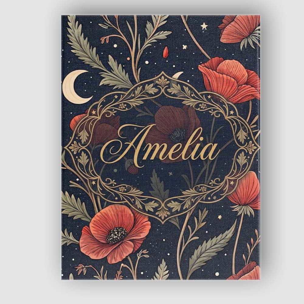Personalised Name Red Poppy Flowers Moon Stars Night Sky Seamless Custom  Bespoke Canvas Wall Art Print Decor Picture Ready to Hang