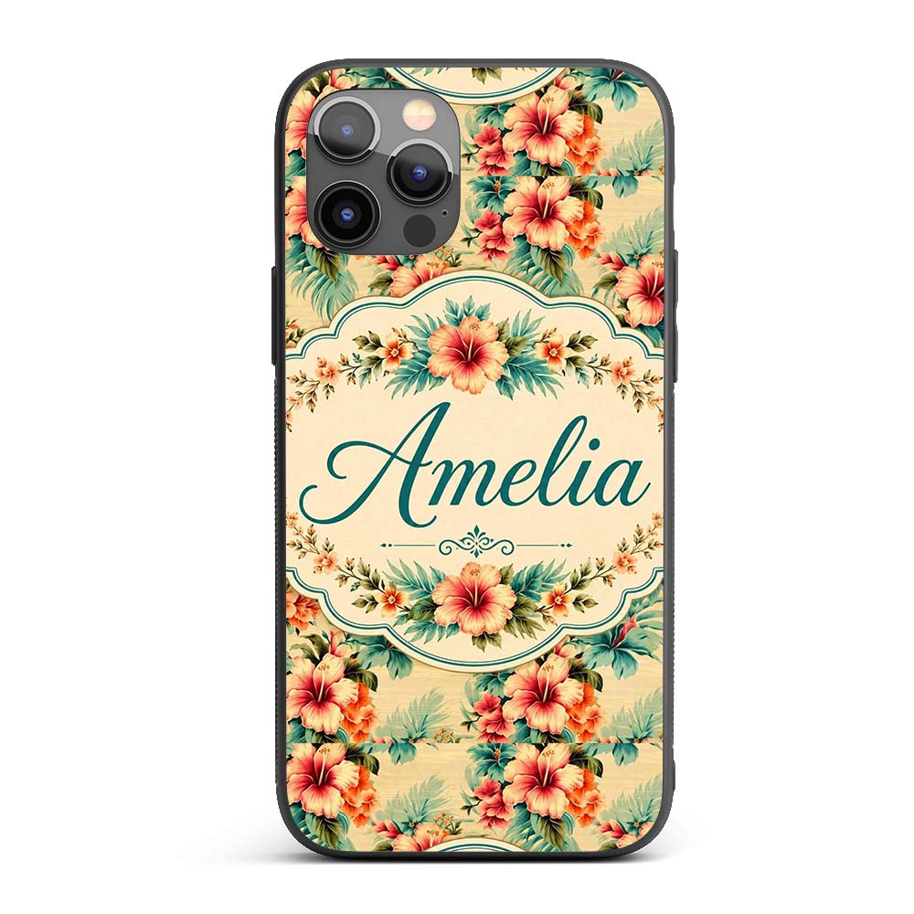 Vintage Beige Tropic Hibiscus Palm Printed Design Custom Name Protective Phone Case Mobile Cover Durable Everyday Smartphone Shock Resistant
