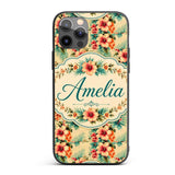 Vintage Beige Tropic Hibiscus Palm Printed Design Custom Name Protective Phone Case Mobile Cover Durable Everyday Smartphone Shock Resistant