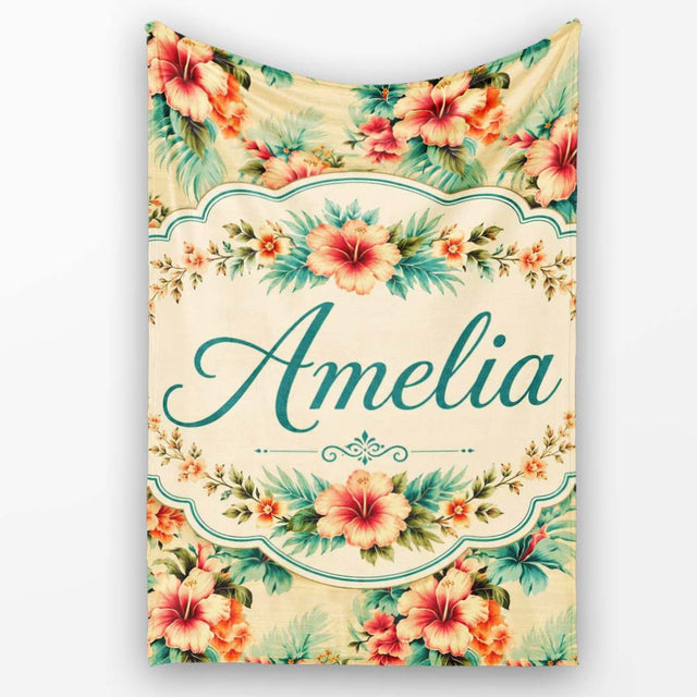 Vintage Beige Tropic Hibiscus Palm Floral Seamless Pattern Name Cute  Personalised Custom Name Super Soft Fleece Blanket Bed Sofa Throw