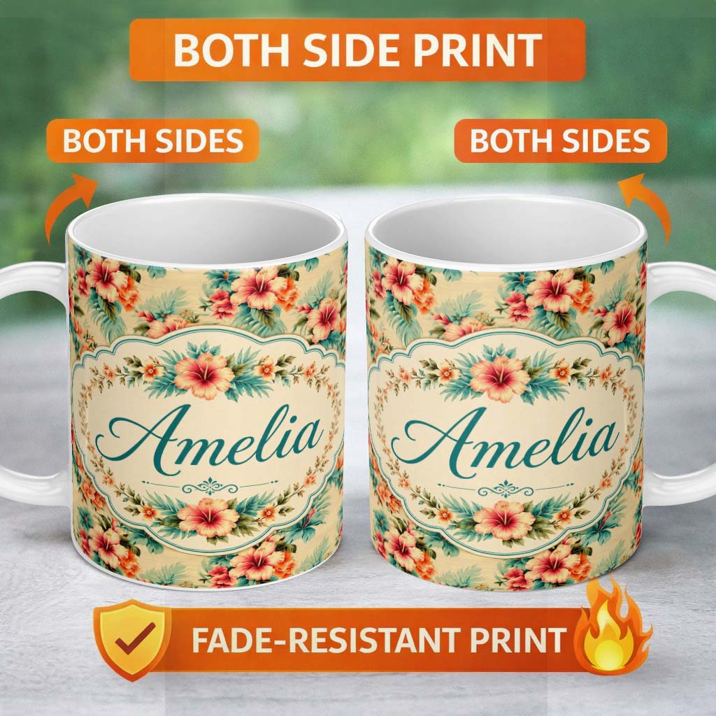 Personalized Custom Name Vintage Beige Tropic Hibiscus Palm Floral Seamless Pattern Name Cute 11oz Ceramic Coffee Tea Mug White Large Handle