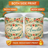 Personalized Custom Name Vintage Beige Tropic Hibiscus Palm Floral Seamless Pattern Name Cute 11oz Ceramic Coffee Tea Mug White Large Handle