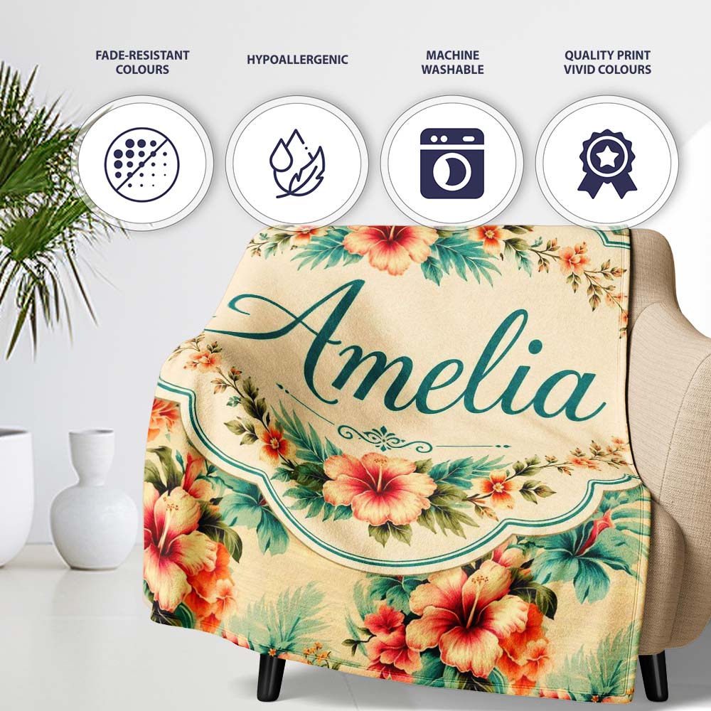 Vintage Beige Tropic Hibiscus Palm Floral Seamless Pattern Name Cute  Personalised Custom Name Super Soft Fleece Blanket Bed Sofa Throw