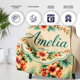 Vintage Beige Tropic Hibiscus Palm Floral Seamless Pattern Name Cute  Personalised Custom Name Super Soft Fleece Blanket Bed Sofa Throw