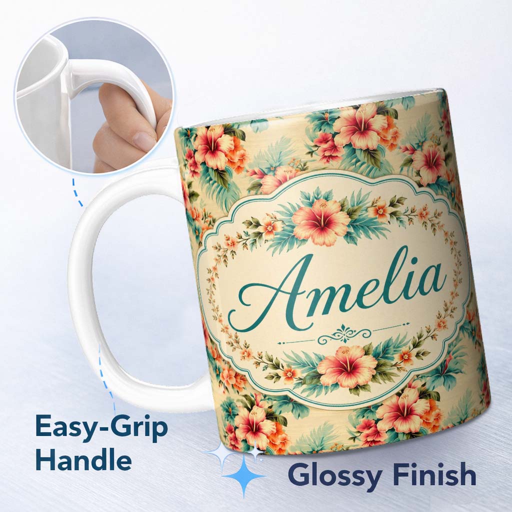 Personalized Custom Name Vintage Beige Tropic Hibiscus Palm Floral Seamless Pattern Name Cute 11oz Ceramic Coffee Tea Mug White Large Handle