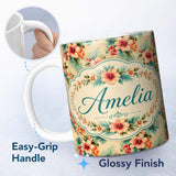 Personalized Custom Name Vintage Beige Tropic Hibiscus Palm Floral Seamless Pattern Name Cute 11oz Ceramic Coffee Tea Mug White Large Handle
