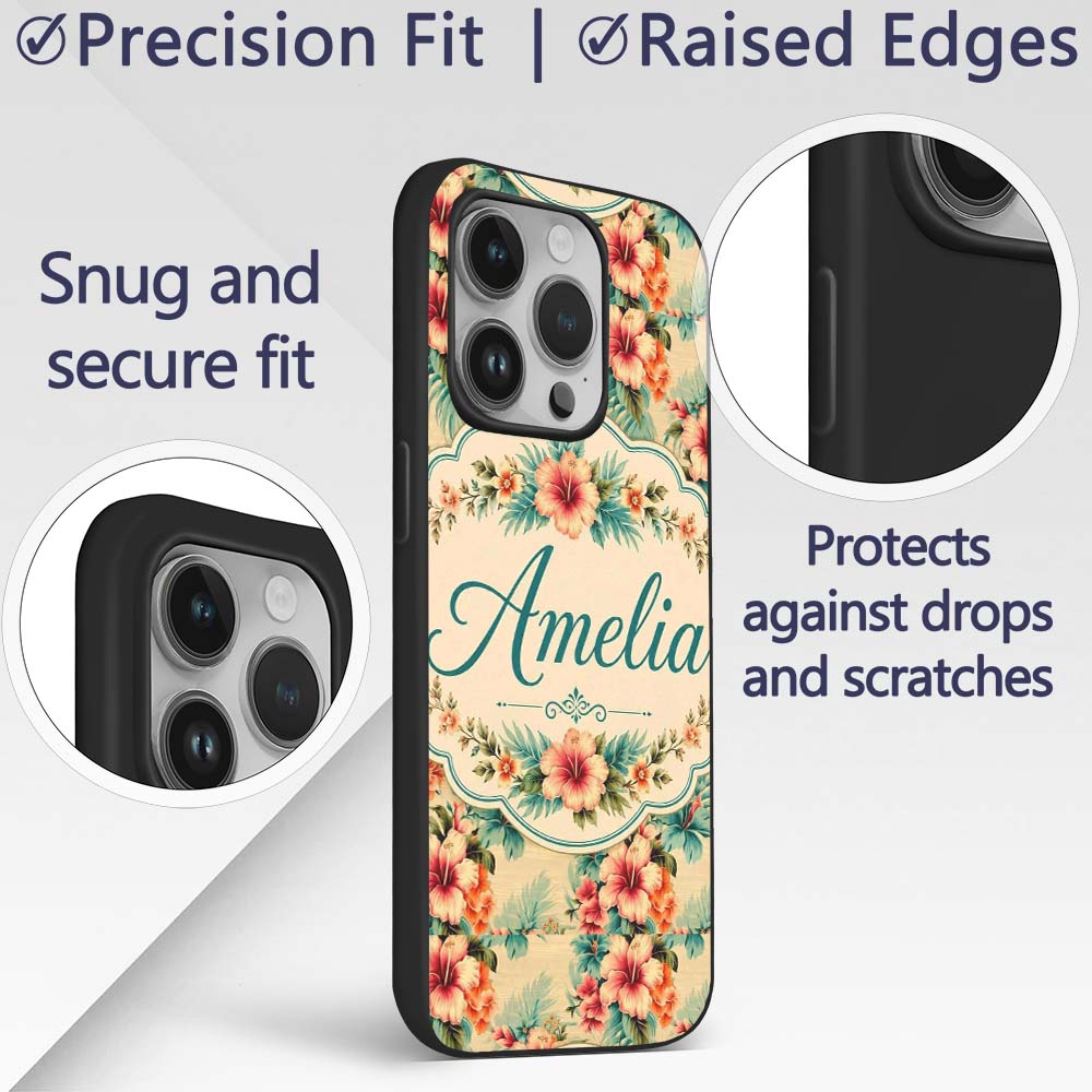 Vintage Beige Tropic Hibiscus Palm Printed Design Custom Name Protective Phone Case Mobile Cover Durable Everyday Smartphone Shock Resistant