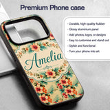 Vintage Beige Tropic Hibiscus Palm Printed Design Custom Name Protective Phone Case Mobile Cover Durable Everyday Smartphone Shock Resistant