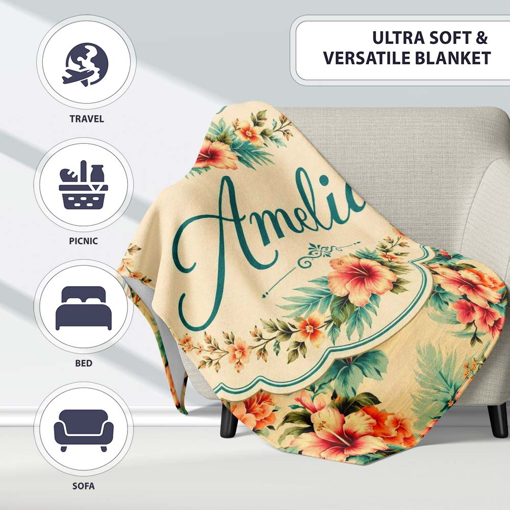Vintage Beige Tropic Hibiscus Palm Floral Seamless Pattern Name Cute  Personalised Custom Name Super Soft Fleece Blanket Bed Sofa Throw