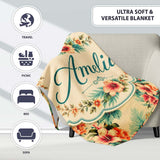 Vintage Beige Tropic Hibiscus Palm Floral Seamless Pattern Name Cute  Personalised Custom Name Super Soft Fleece Blanket Bed Sofa Throw