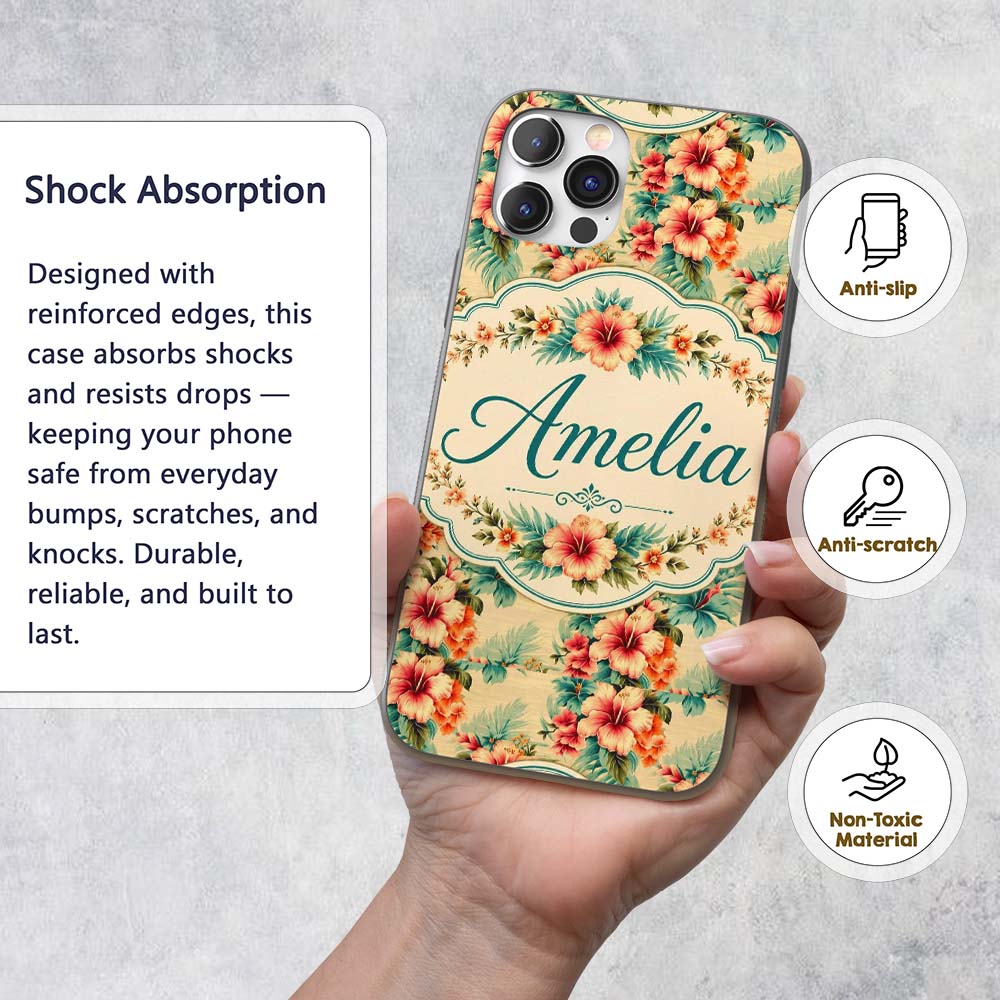 Vintage Beige Tropic Hibiscus Palm Printed Design Custom Name Protective Phone Case Mobile Cover Durable Everyday Smartphone Shock Resistant