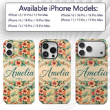 Vintage Beige Tropic Hibiscus Palm Printed Design Custom Name Protective Phone Case Mobile Cover Durable Everyday Smartphone Shock Resistant