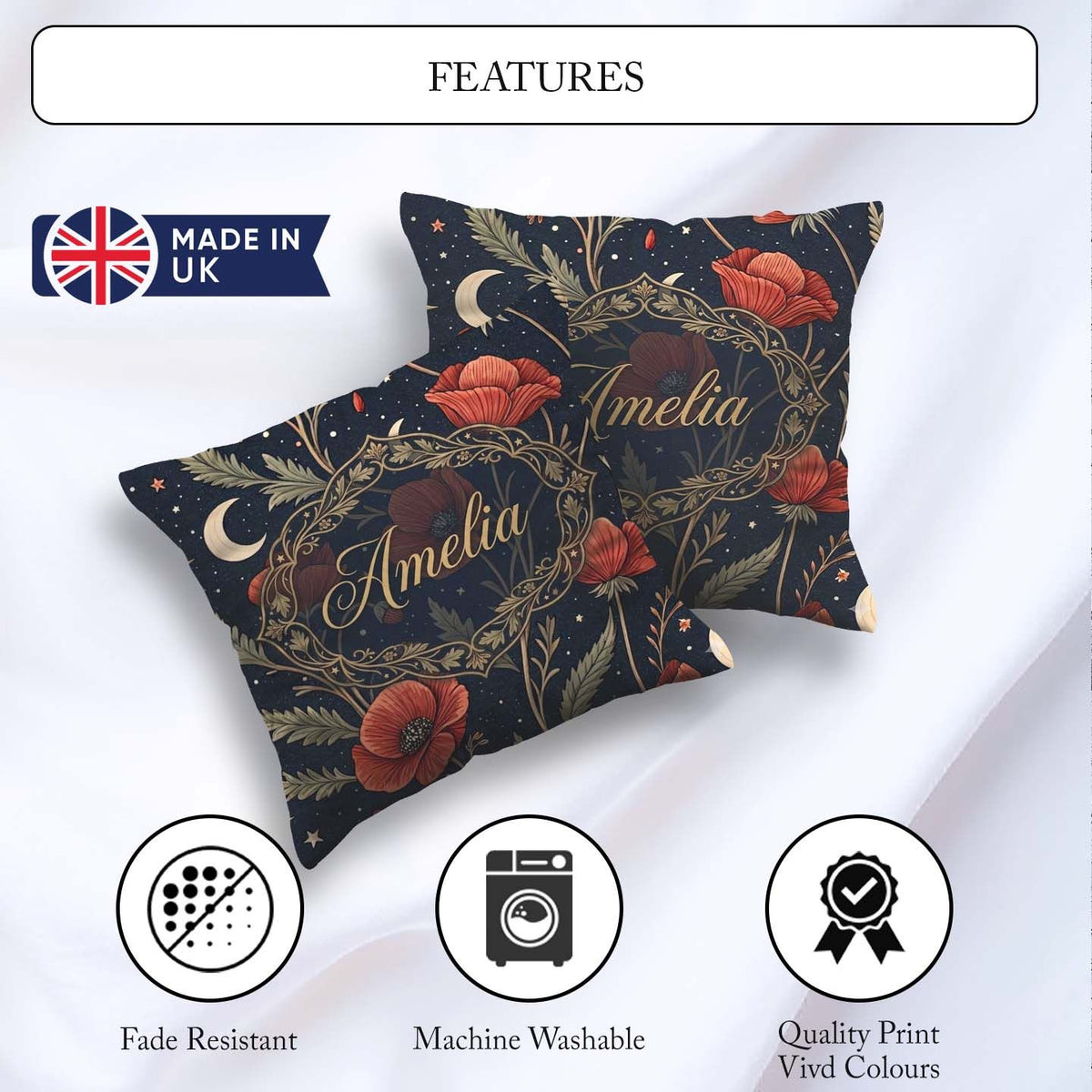 Custom Name Red Poppy Flowers Moon Stars Night Seamless Pattern Square Filled Cushion Throw Pillow Sofa Bed Home Decor Zip Washable UK Made