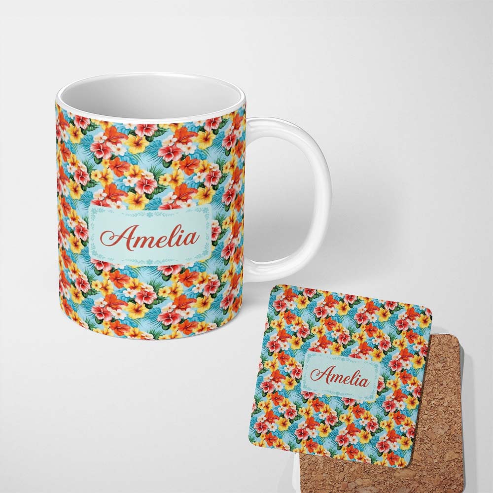 Personalized Custom Name Bright Tropic Hibiscus Bloom Wild Floral Seamless Pattern Custom 11oz Ceramic Coffee Tea Mug White Large Handle
