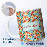 Personalized Custom Name Bright Tropic Hibiscus Bloom Wild Floral Seamless Pattern Custom 11oz Ceramic Coffee Tea Mug White Large Handle