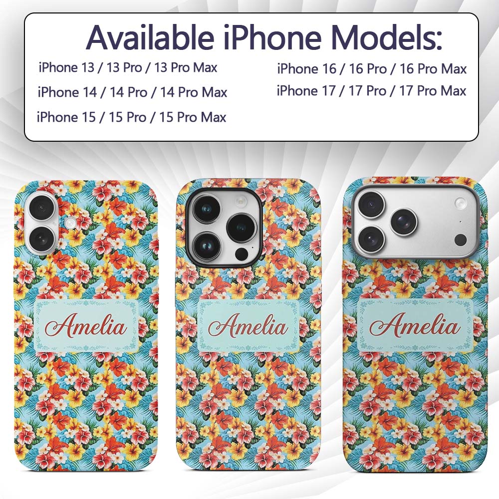 Bright Tropic Hibiscus Bloom Wild Floral Seamless Custom Name Protective Phone Case Mobile Cover Durable Everyday Smartphone Shock Resistant